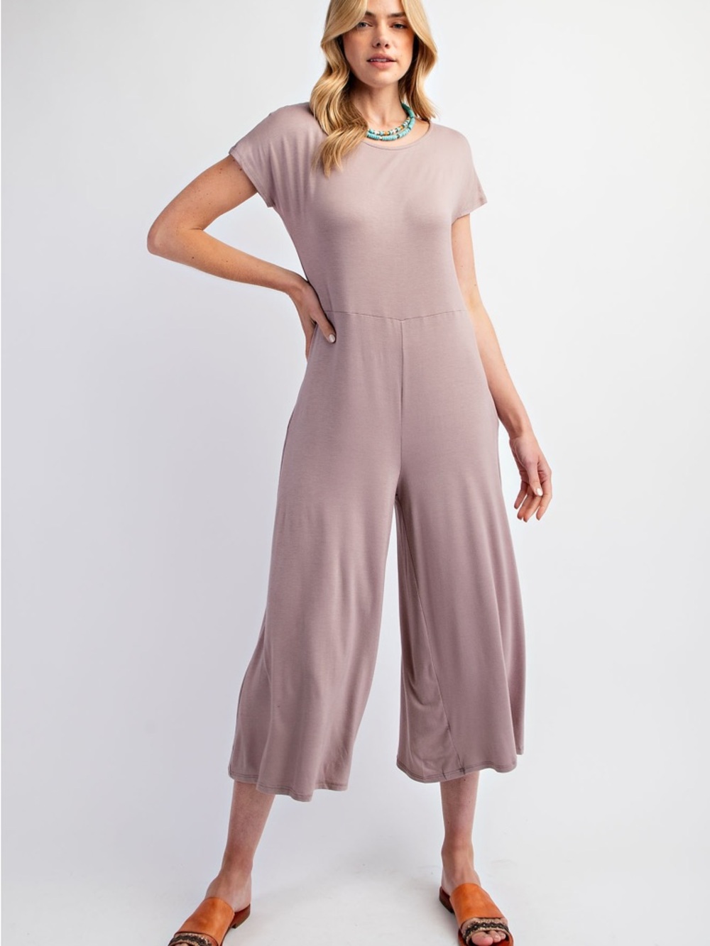 easel Light Mocha Short-Sleeve Midi Jumpsuit